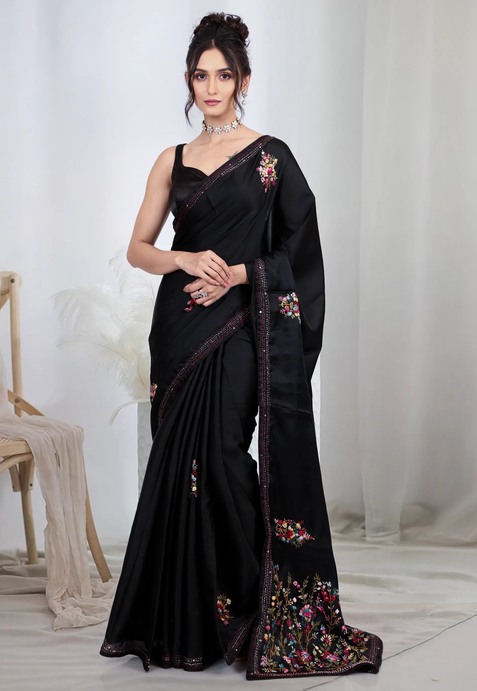 Black Kantha Silk Saree With Blouse Piece - Adi Akshoy & co.