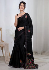 Black Kantha Silk Saree With Blouse Piece - Adi Akshoy & co.