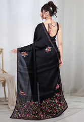 Black Kantha Silk Saree With Blouse Piece - Adi Akshoy & co.