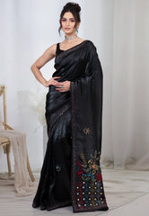 Black Crush Tissue Kantha Silk Saree With Blouse Piece - Adi Akshoy & co.