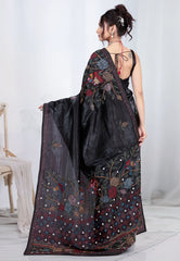 Black Crush Tissue Kantha Silk Saree With Blouse Piece - Adi Akshoy & co.