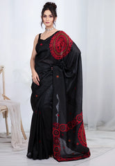 Black Crush Tissue Kantha Silk Saree With Blouse Piece - Adi Akshoy & co.