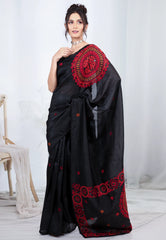 Black Crush Tissue Kantha Silk Saree With Blouse Piece - Adi Akshoy & co.