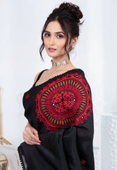 Black Crush Tissue Kantha Silk Saree With Blouse Piece - Adi Akshoy & co.