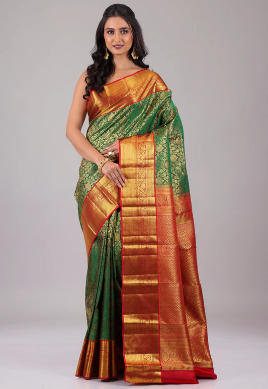 Rama Green with Golden Border Pure Kanjivaram Silk Saree With Blouse Piece   -Adi Akshoy & Co.