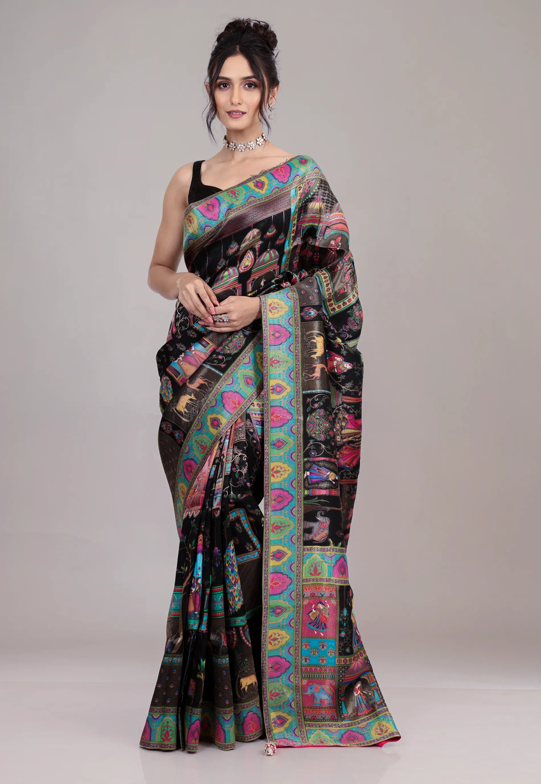 Black Kani Silk Saree With Blouse Piece - Adi Akshoy & Co.