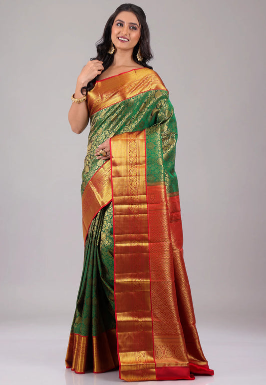 Rama Green with Golden Border Pure Kanjivaram Silk Saree With Blouse Piece   -Adi Akshoy & Co.
