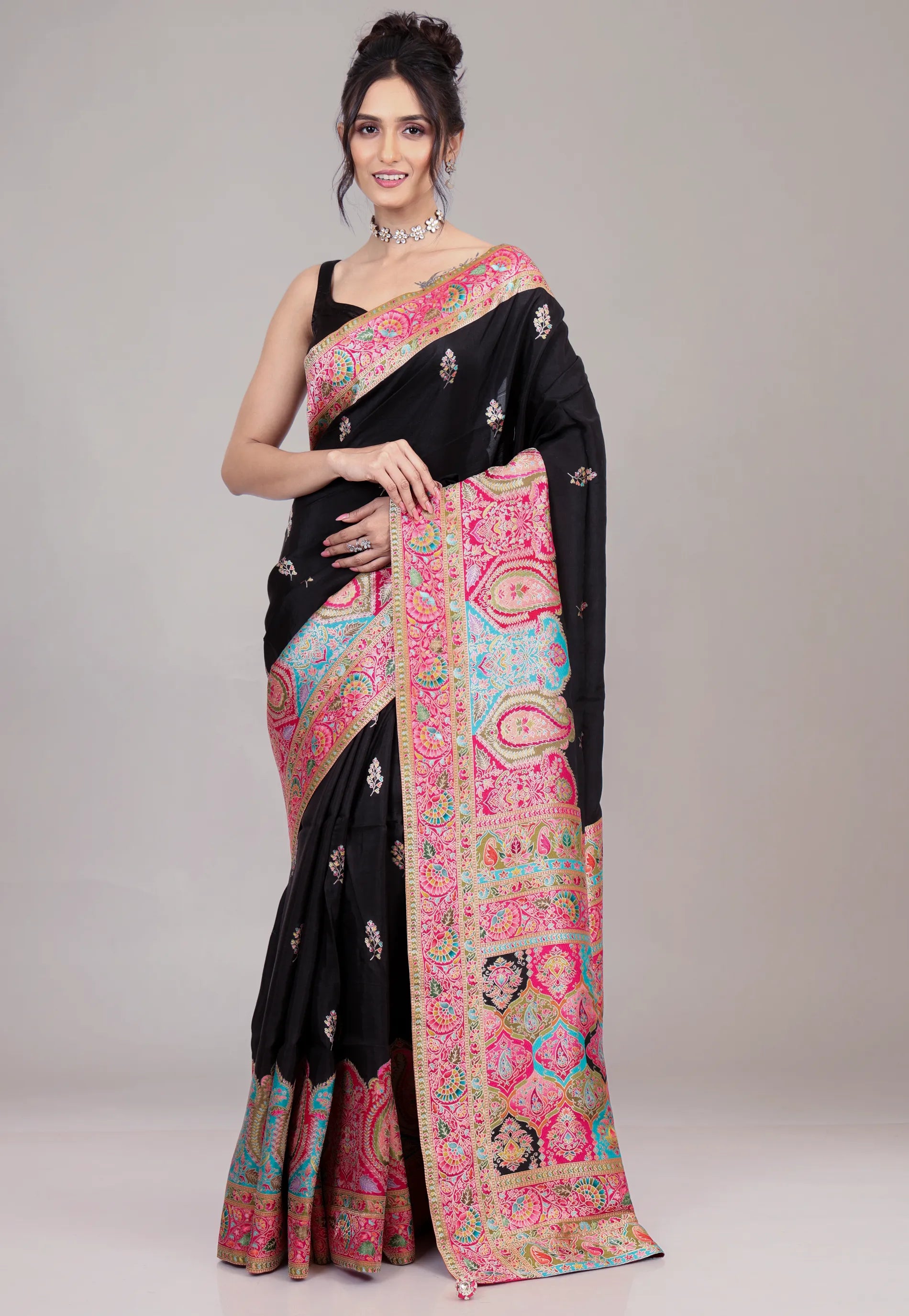 Black Kani Silk Saree With Blouse Piece - Adi Akshoy & Co.