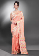 Peach Katan Silk Saree with Blouse Piece - Adi Akshoy & Co.