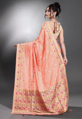 Peach Katan Silk Saree with Blouse Piece - Adi Akshoy & Co.