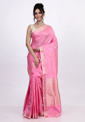 Baby Pink Pure Katan Silk Saree with Blouse Piece - Adi Akshoy & Co.