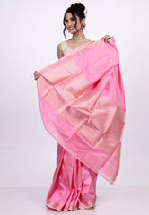 Baby Pink Pure Katan Silk Saree with Blouse Piece - Adi Akshoy & Co.