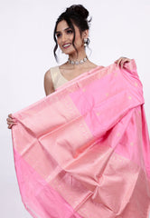 Baby Pink Pure Katan Silk Saree with Blouse Piece - Adi Akshoy & Co.