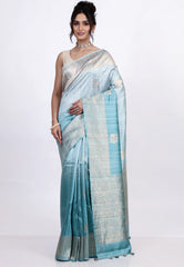 Icy Blue Pure Tussar Silk Saree with Blouse Piece - Adi Akshoy & Co.