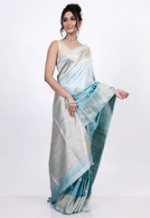 Icy Blue Pure Tussar Silk Saree with Blouse Piece - Adi Akshoy & Co.