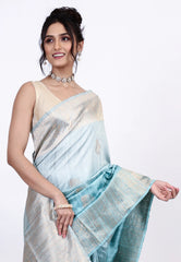 Icy Blue Pure Tussar Silk Saree with Blouse Piece - Adi Akshoy & Co.