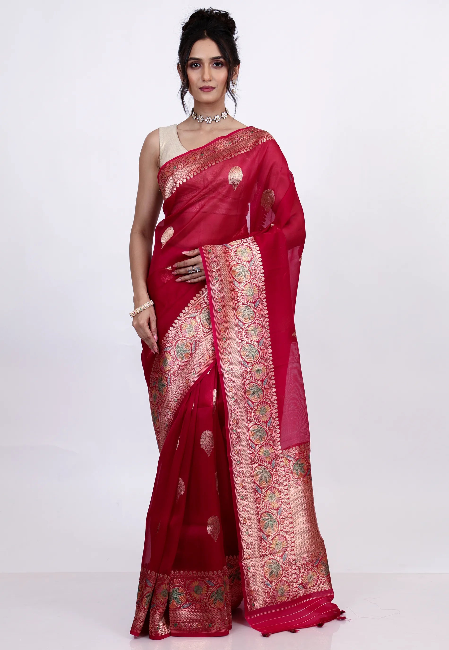 Red Pure Kora Silk Saree with Blouse Piece - Adi Akshoy & Co.
