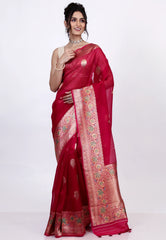 Red Pure Kora Silk Saree with Blouse Piece - Adi Akshoy & Co.