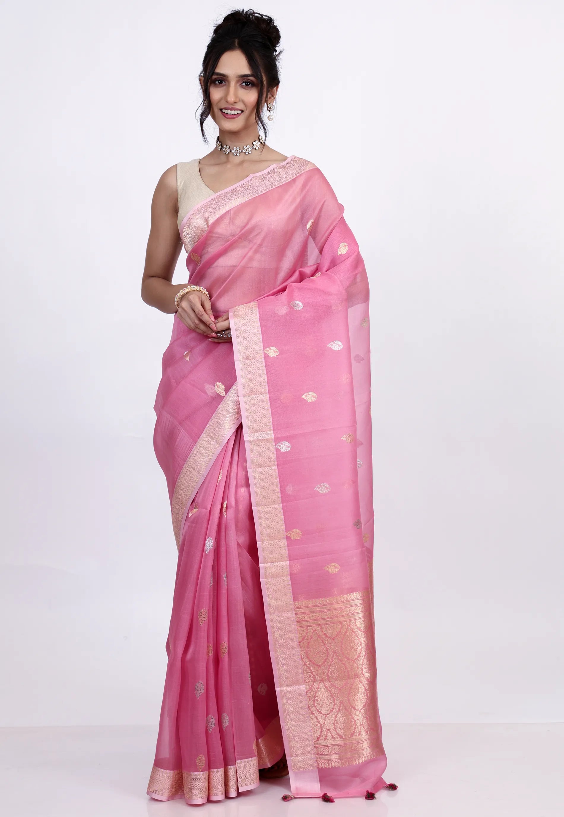 Baby Pink Pure Kora Silk Saree with Blouse Piece - Adi Akshoy & Co.