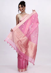 Baby Pink Pure Kora Silk Saree with Blouse Piece - Adi Akshoy & Co.