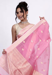 Baby Pink Pure Kora Silk Saree with Blouse Piece - Adi Akshoy & Co.