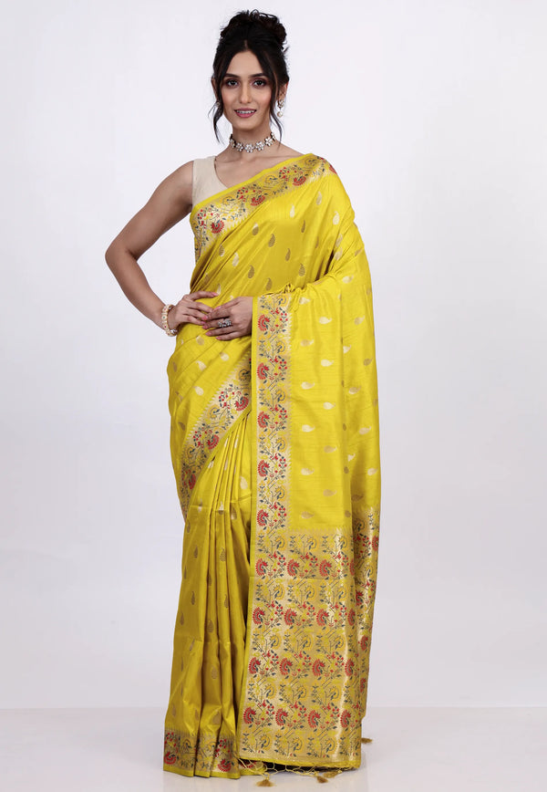Yellow Katan Silk Saree with Blouse Piece - Adi Akshoy & Co.