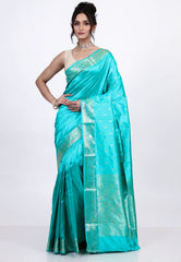 Cross Aqua Blue Pure Katan Silk Saree with Blouse Piece - Adi Akshoy & Co.
