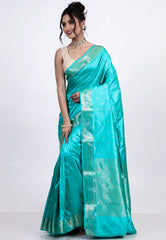 Cross Aqua Blue Pure Katan Silk Saree with Blouse Piece - Adi Akshoy & Co.