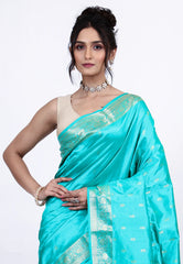Cross Aqua Blue Pure Katan Silk Saree with Blouse Piece - Adi Akshoy & Co.