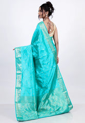 Cross Aqua Blue Pure Katan Silk Saree with Blouse Piece - Adi Akshoy & Co.