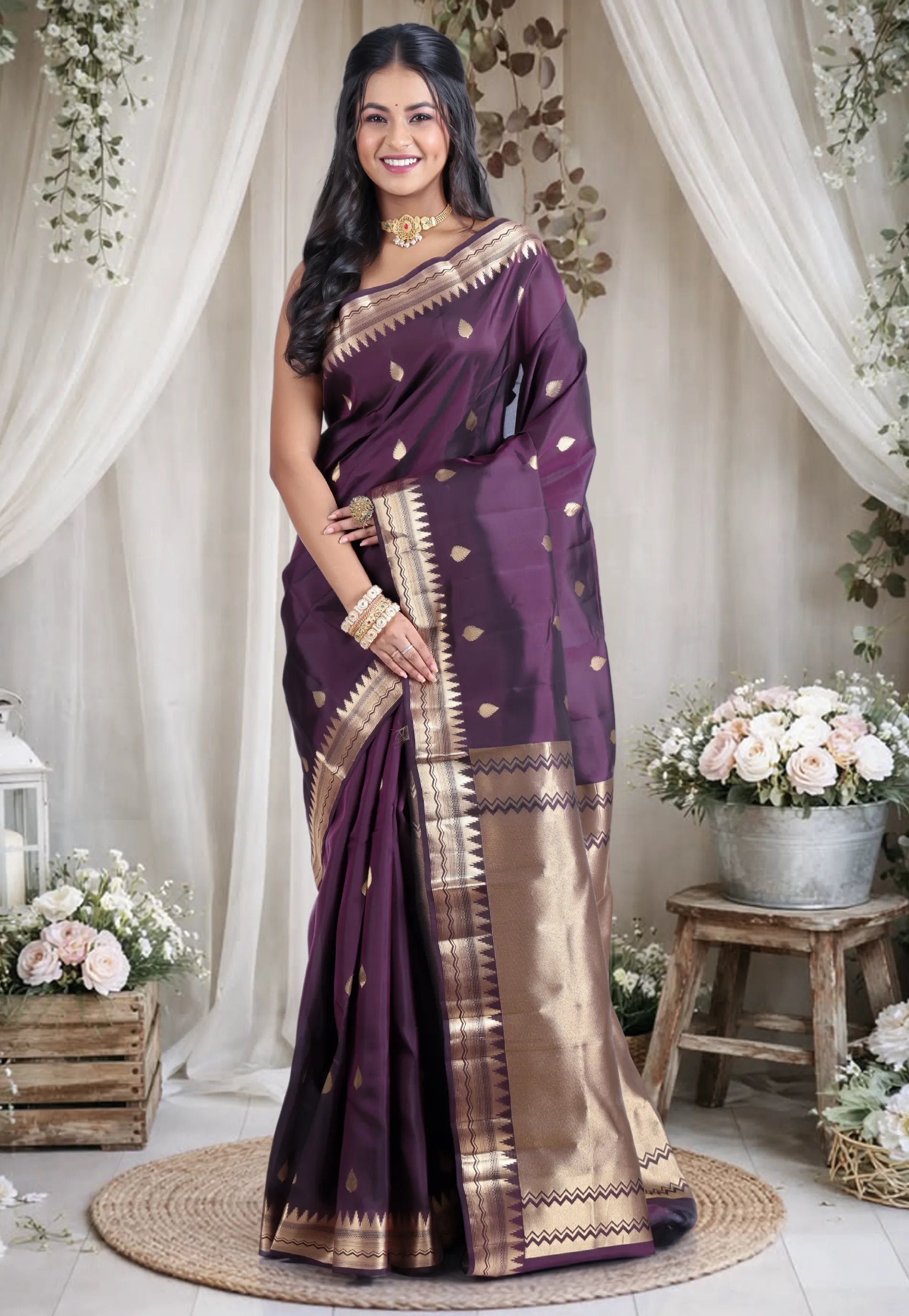 Deep Magenta Pure Kanjivaram Silk Saree with Blouse Piece - Adi Akshoy & Co.