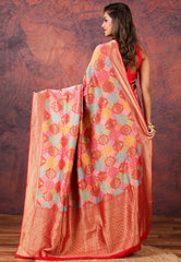 Red with multi colour design Kani Silk Saree With Blouse Piece - Adi Akshoy & Co.