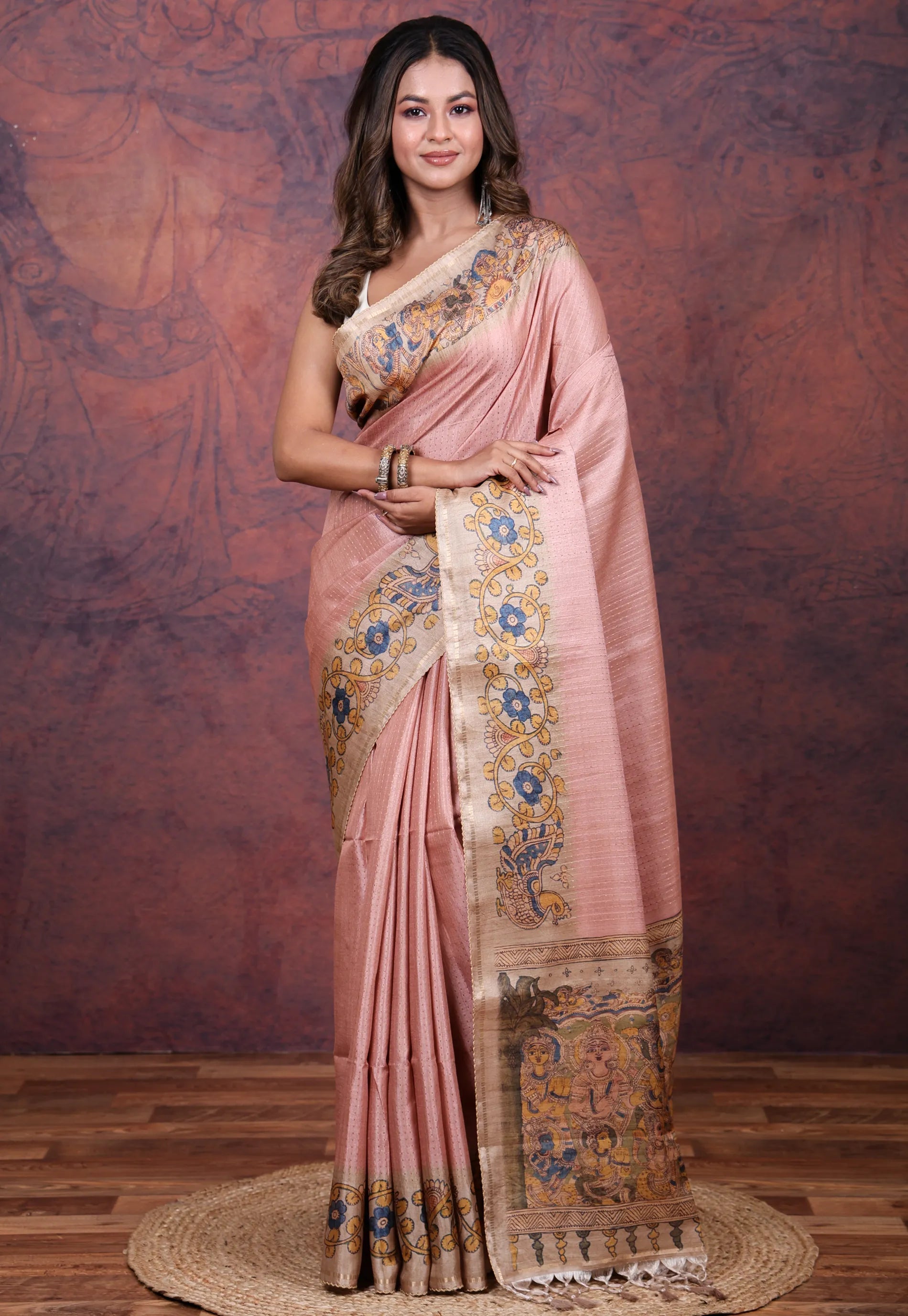 Pink Tussar Kalamkari Silk Saree with Blouse Piece - Adi Akshoy & Co.