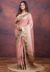 Pink Tussar Kalamkari Silk Saree with Blouse Piece - Adi Akshoy & Co.