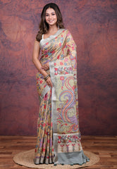 Beige Tussar Kalamkari Silk Saree with Blouse Piece - Adi Akshoy & Co.