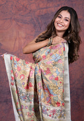 Beige Tussar Kalamkari Silk Saree with Blouse Piece - Adi Akshoy & Co.
