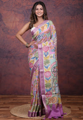 Purple Tussar Kalamkari Silk Saree with Blouse Piece - Adi Akshoy & Co.