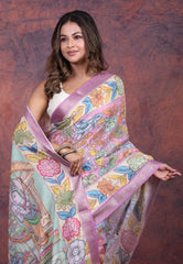Purple Tussar Kalamkari Silk Saree with Blouse Piece - Adi Akshoy & Co.