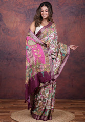 White Tussar Kalamkari Silk Saree with Blouse Piece - Adi Akshoy & Co.