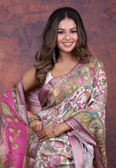 White Tussar Kalamkari Silk Saree with Blouse Piece - Adi Akshoy & Co.