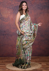 White Tussar Kalamkari Silk Saree with Blouse Piece - Adi Akshoy & Co.