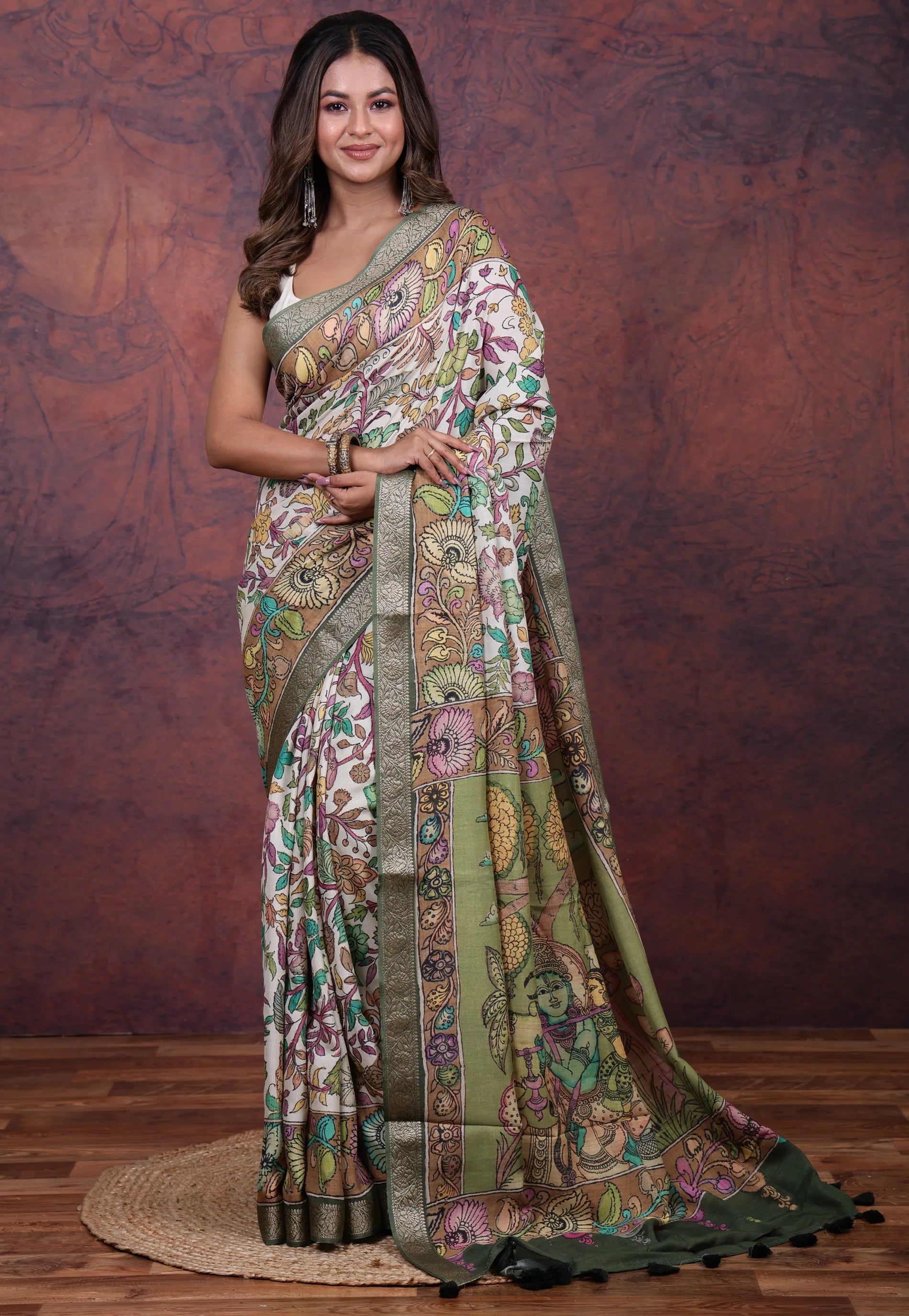 White Tussar Kalamkari Silk Saree with Blouse Piece - Adi Akshoy & Co.