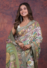 White Tussar Kalamkari Silk Saree with Blouse Piece - Adi Akshoy & Co.