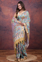 Light Blue Tussar Kalamkari Silk Saree with Blouse Piece - Adi Akshoy & Co.