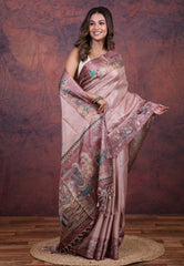 Mauve Tussar Kalamkari Silk Saree with Blouse Piece - Adi Akshoy & Co.