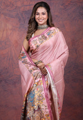 Onion pink Tussar Kalamkari Silk Saree with Blouse Piece - Adi Akshoy & Co.