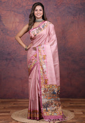 Onion pink Tussar Kalamkari Silk Saree with Blouse Piece - Adi Akshoy & Co.