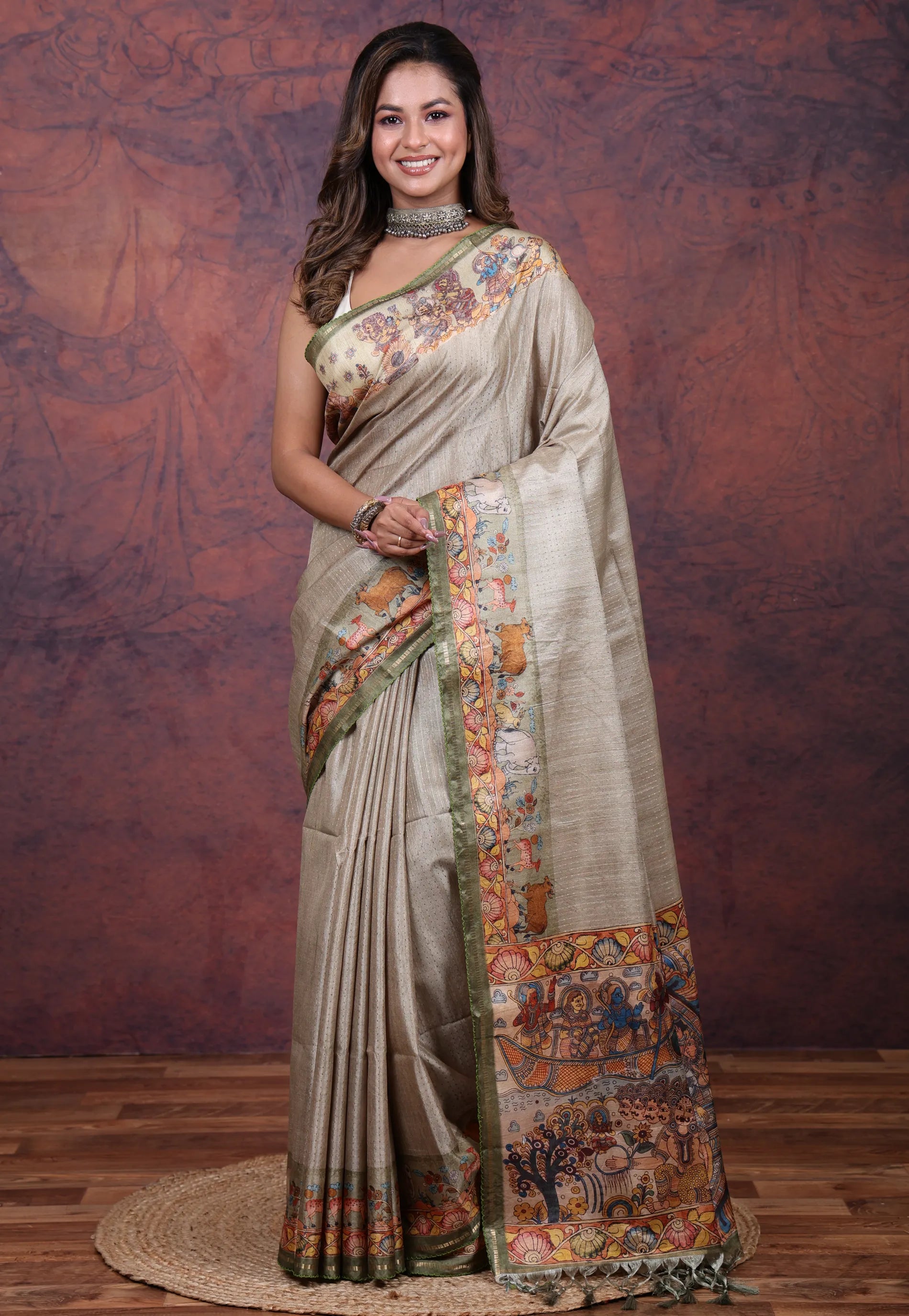 Gray Tussar Kalamkari Silk Saree with Blouse Piece - Adi Akshoy & Co.