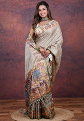 Gray Tussar Kalamkari Silk Saree with Blouse Piece - Adi Akshoy & Co.