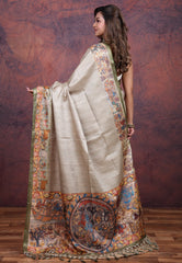 Gray Tussar Kalamkari Silk Saree with Blouse Piece - Adi Akshoy & Co.